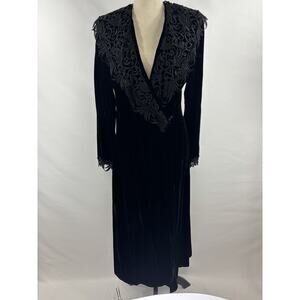Vintage VTG Flora Nikrooz Dressing Gown Wrap Dress Robe Black Velvet Size Medium